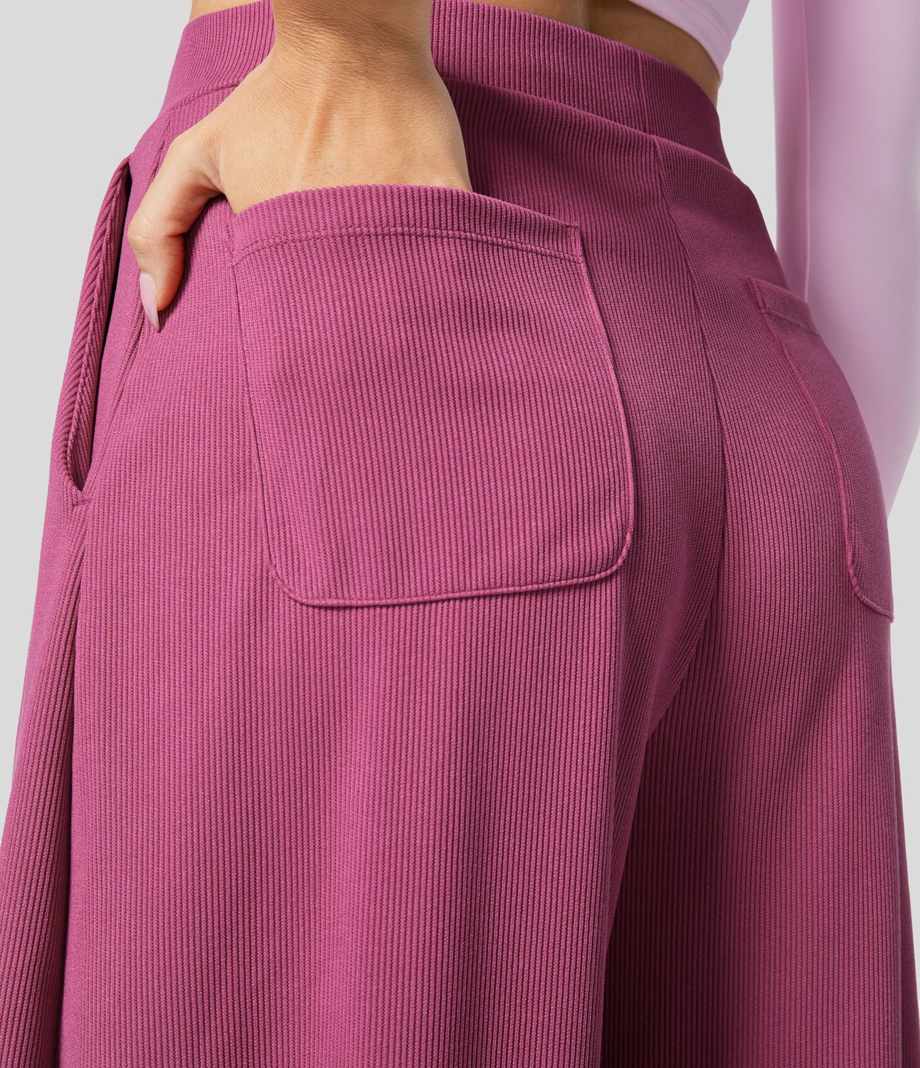 Ribbed High Waisted Pockets Solid Casual Harem Pants