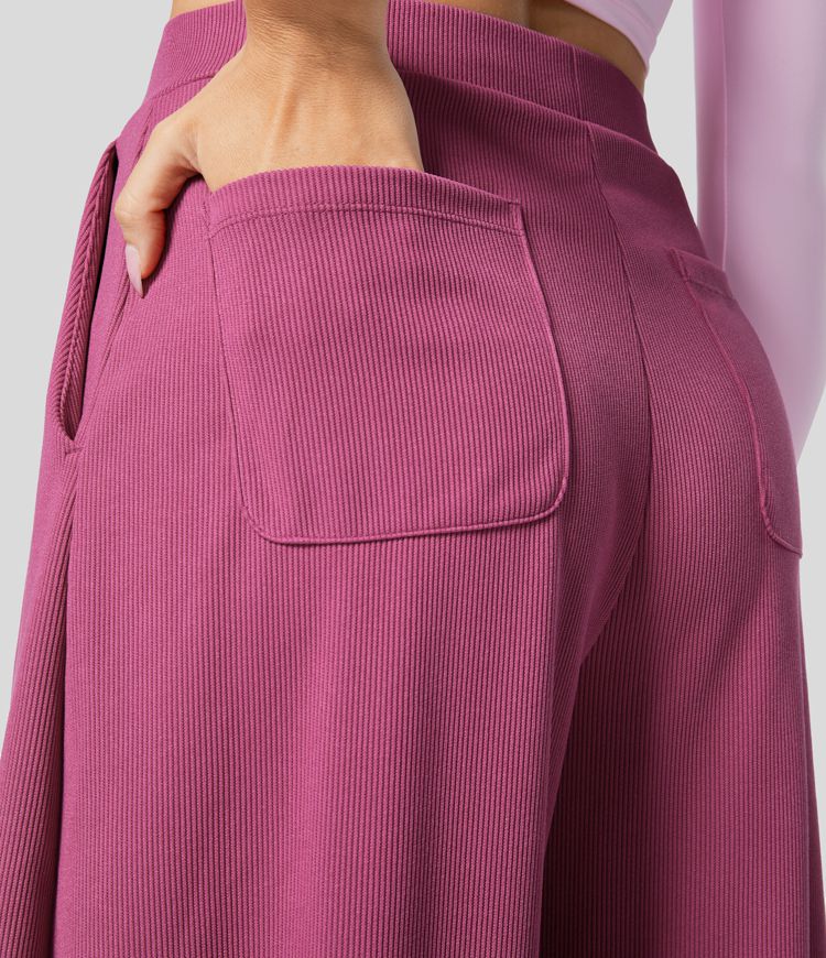 Ribbed High Waisted Pockets Solid Casual Harem Pants