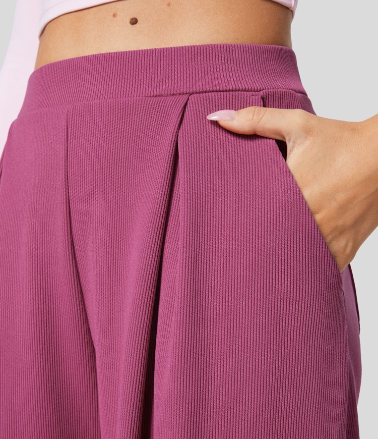 Ribbed High Waisted Pockets Solid Casual Harem Pants