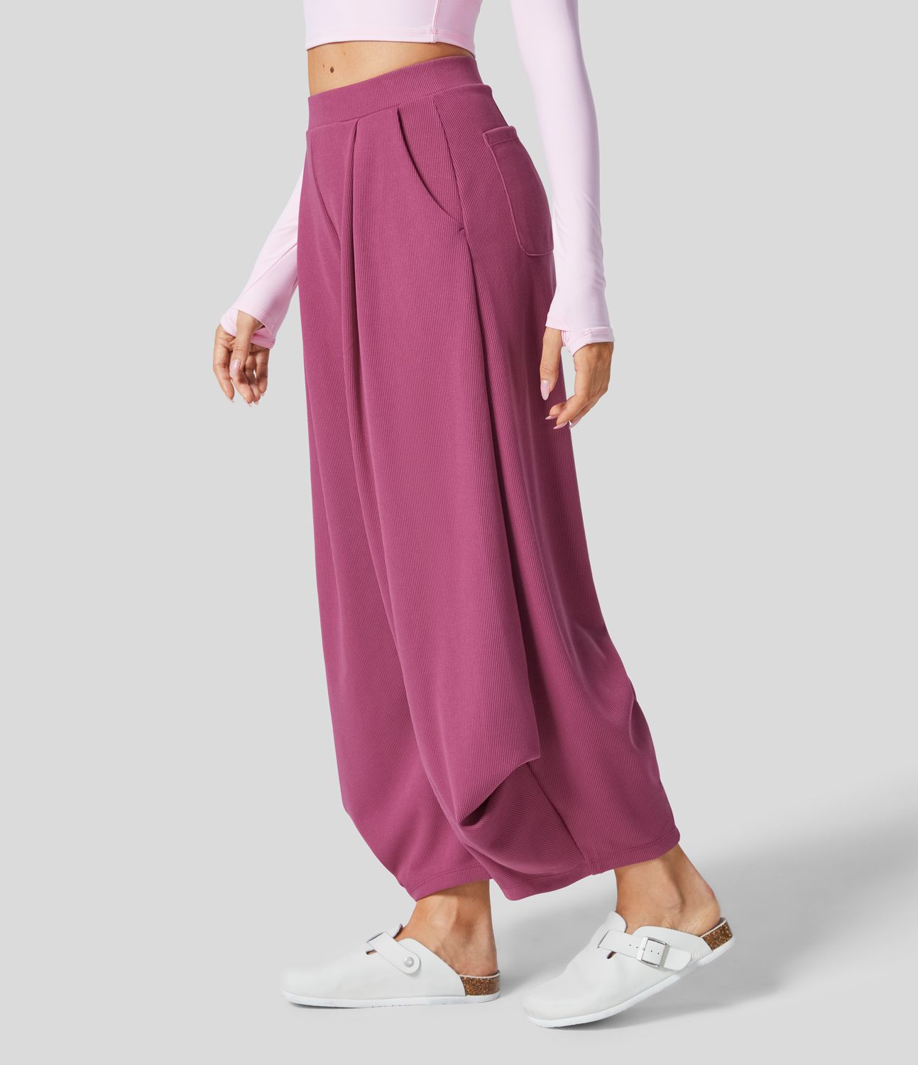 Ribbed High Waisted Pockets Solid Casual Harem Pants