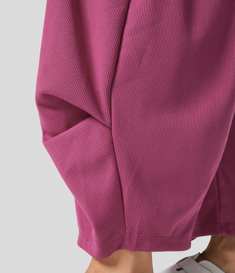 Ribbed High Waisted Pockets Solid Casual Harem Pants