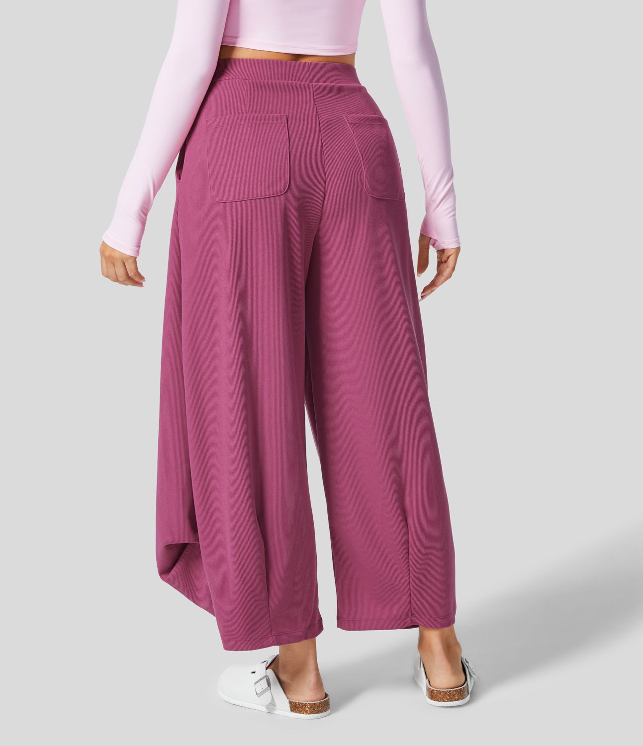 Ribbed High Waisted Pockets Solid Casual Harem Pants