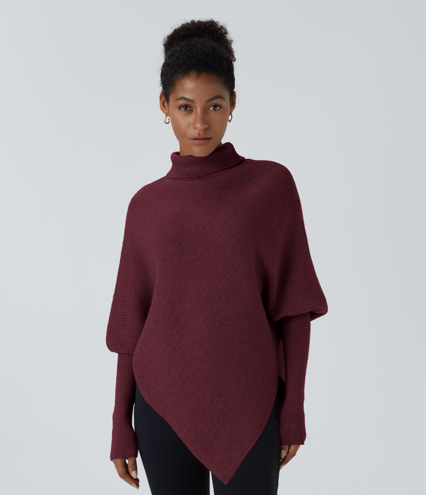 High Neck Long Sleeve Asymmetric Hem Work Sweater