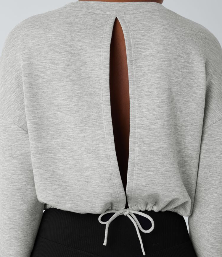 Backless Drawstring Tie Back Bishop Sleeve Cropped Casual Sweatshirt