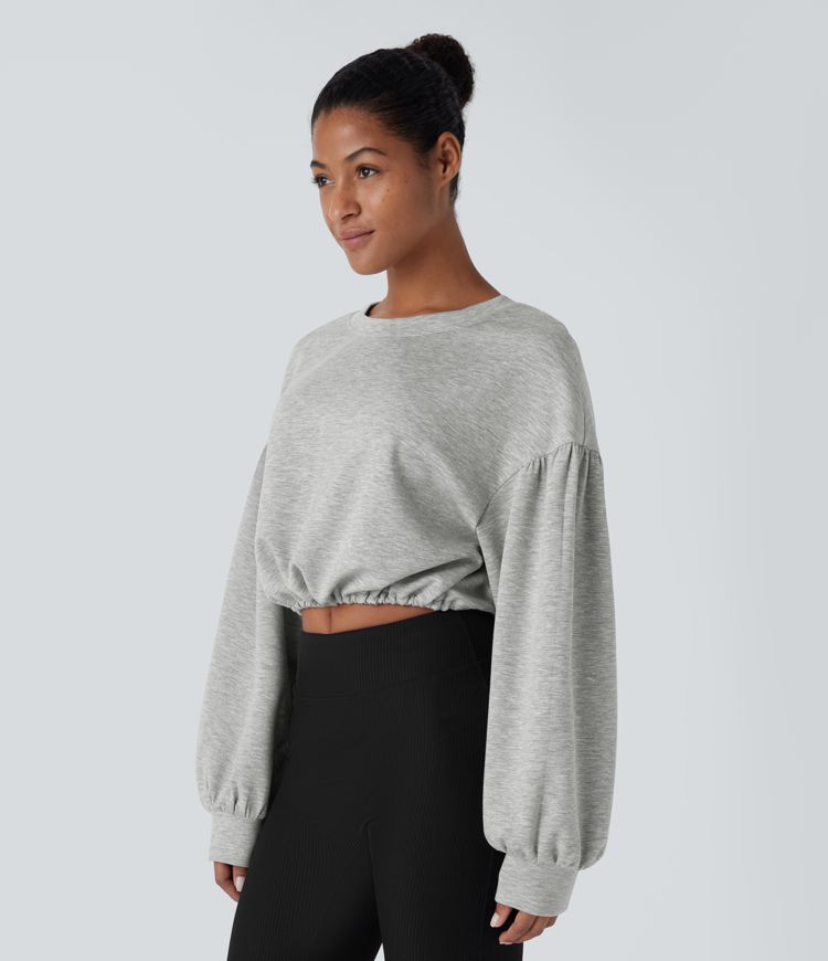 Backless Drawstring Tie Back Bishop Sleeve Cropped Casual Sweatshirt
