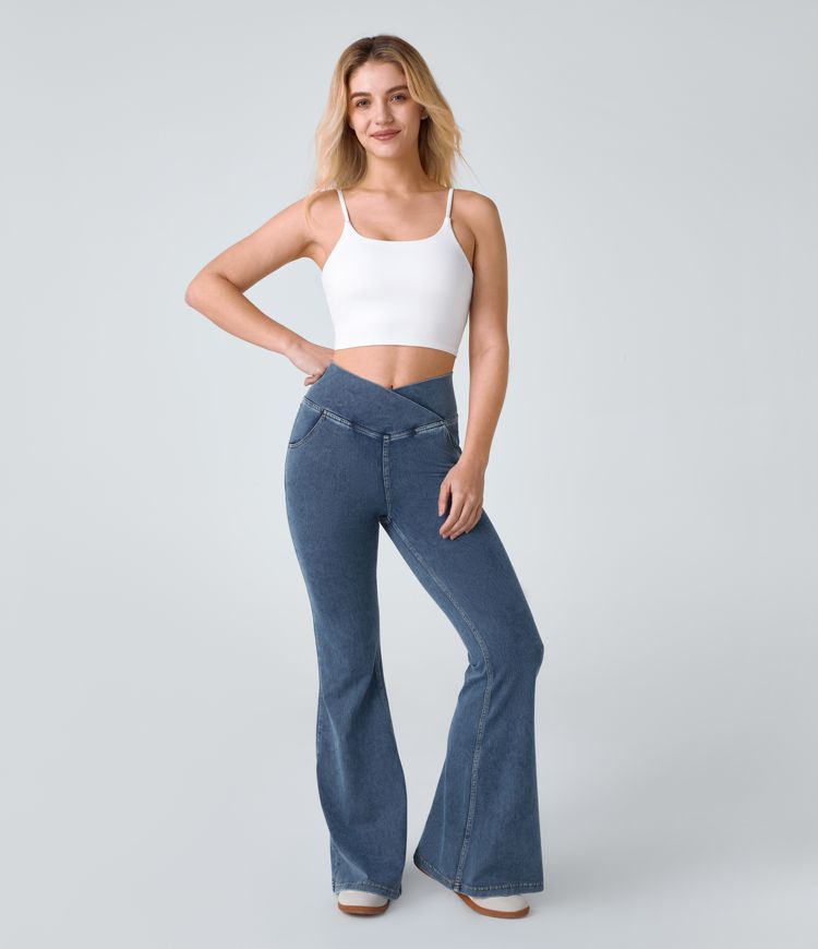 Halara Flex™ Jean Évasé Super Casual Tricot Extensible Lavé Toucher Frais Taille Haute Poches Croisées