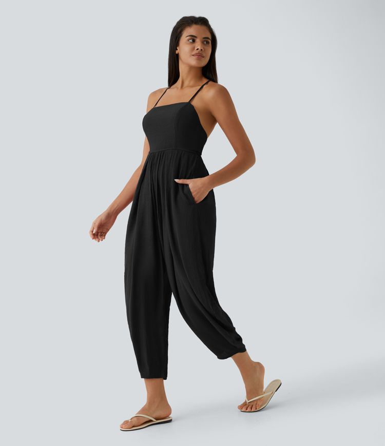 Spaghetti Strap Lace Up Pocket Jumpsuit