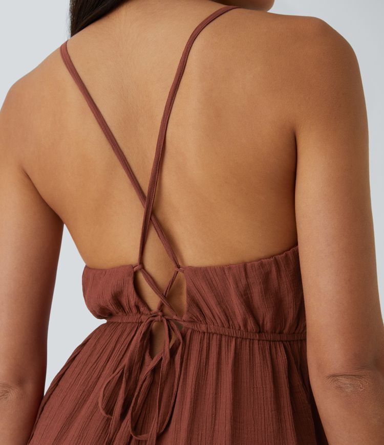 Spaghetti Strap Backless Lace Up Plicated Side Pocket Resort Jumpsuit