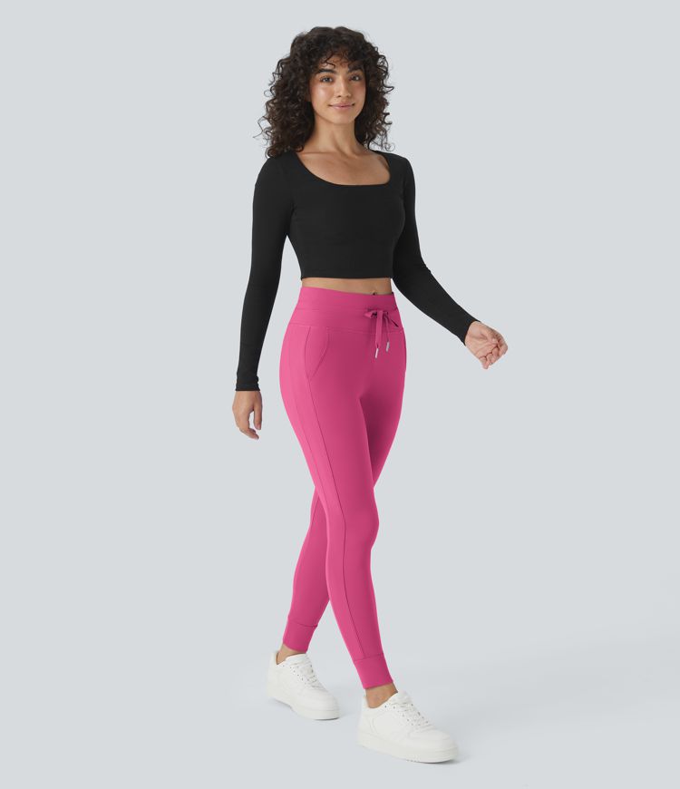 SoftlyZero™ Plush High Waisted Drawstring Pocket Plain Full Length Joggers