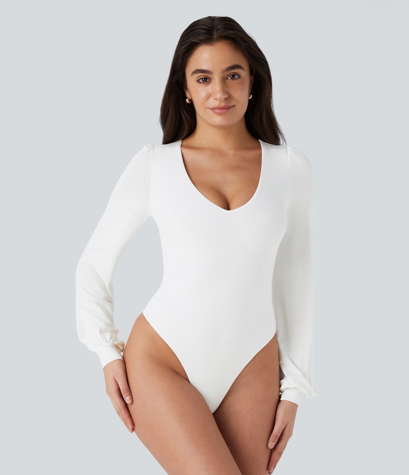 V Neck Long Sleeve Button Work Bodysuit