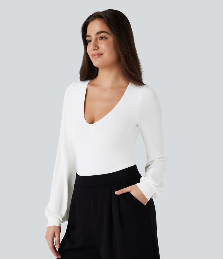 V Neck Long Sleeve Button Work Bodysuit