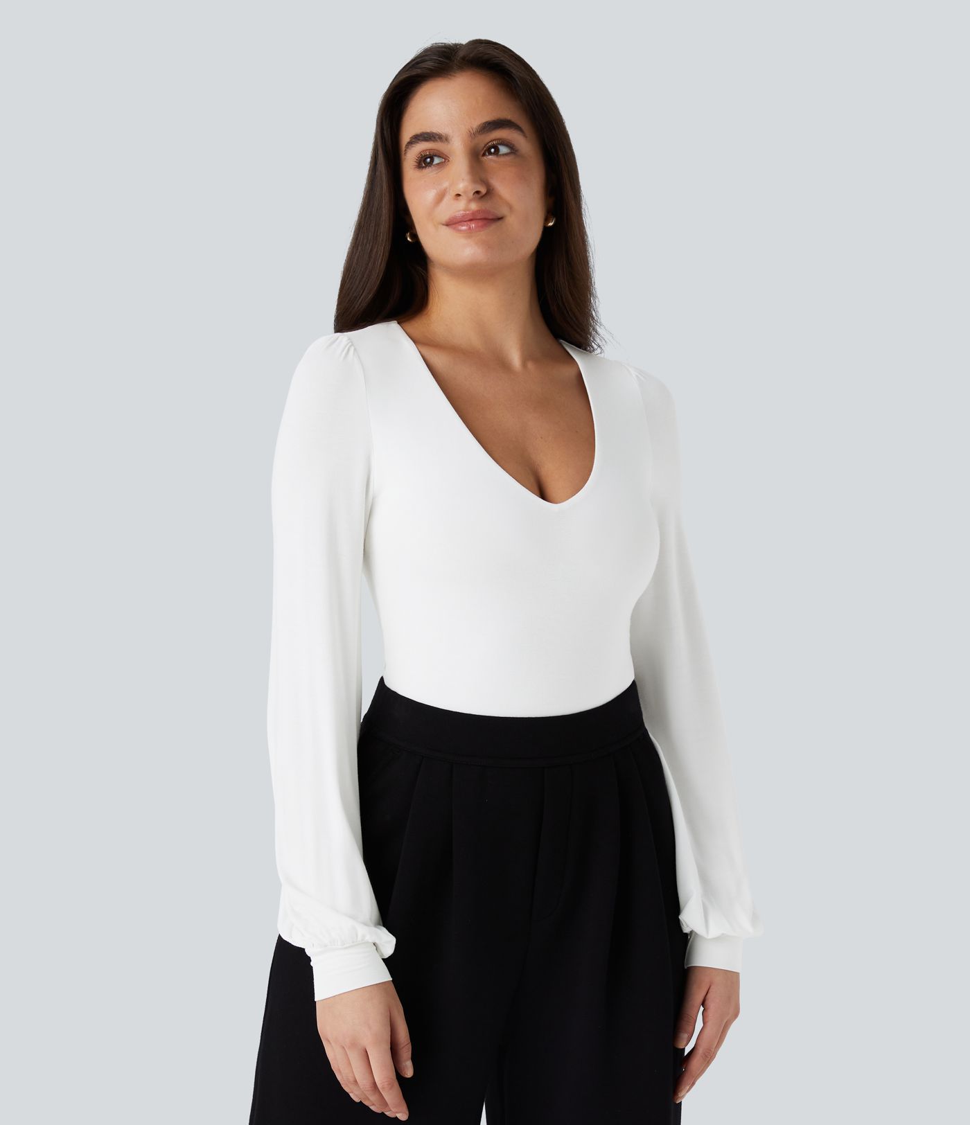 V Neck Long Sleeve Button Work Bodysuit