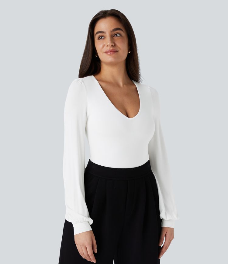 V Neck Long Sleeve Button Work Bodysuit