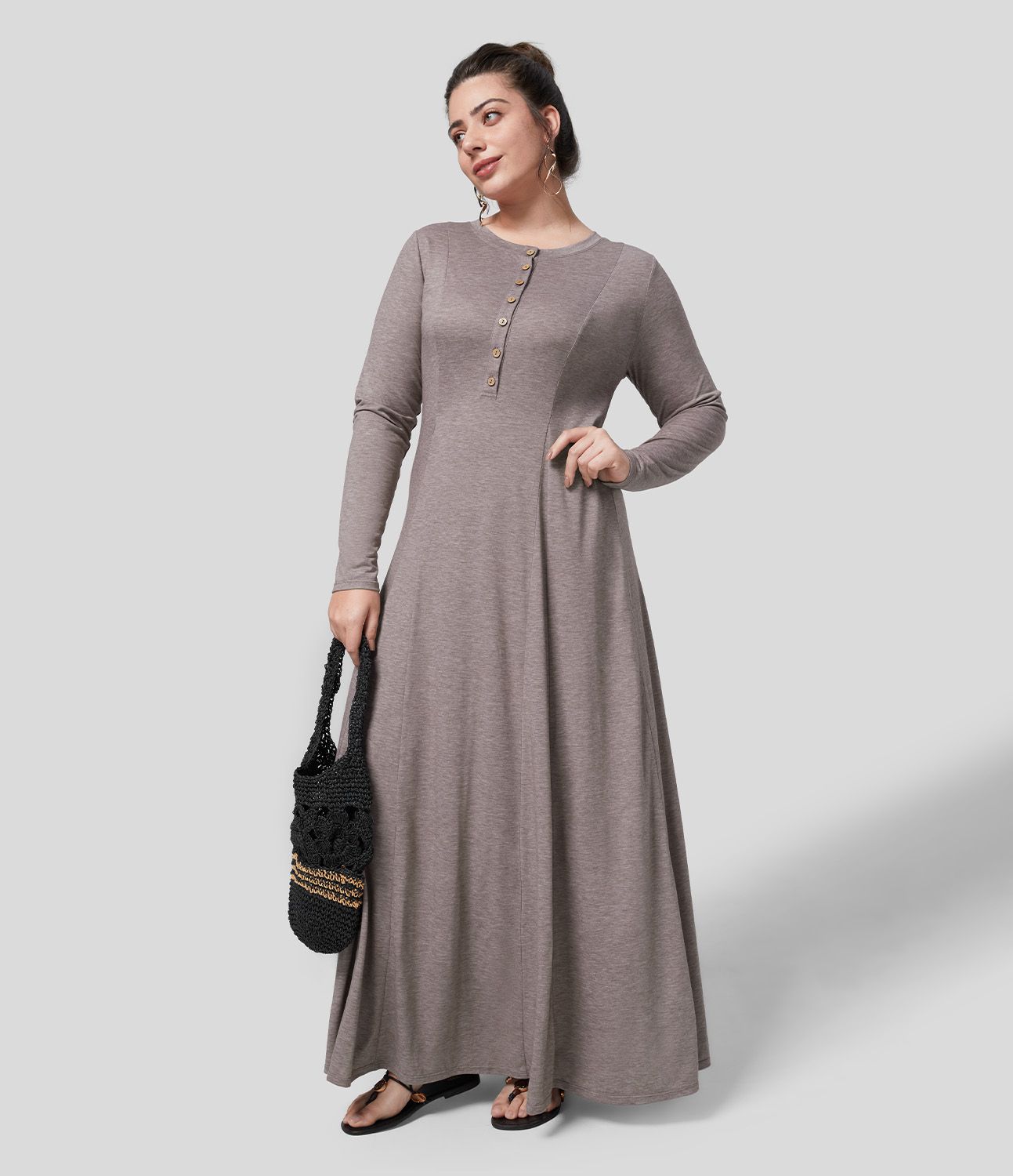 Round Neck Long Sleeve Flare Maxi Casual Plus Size Dress