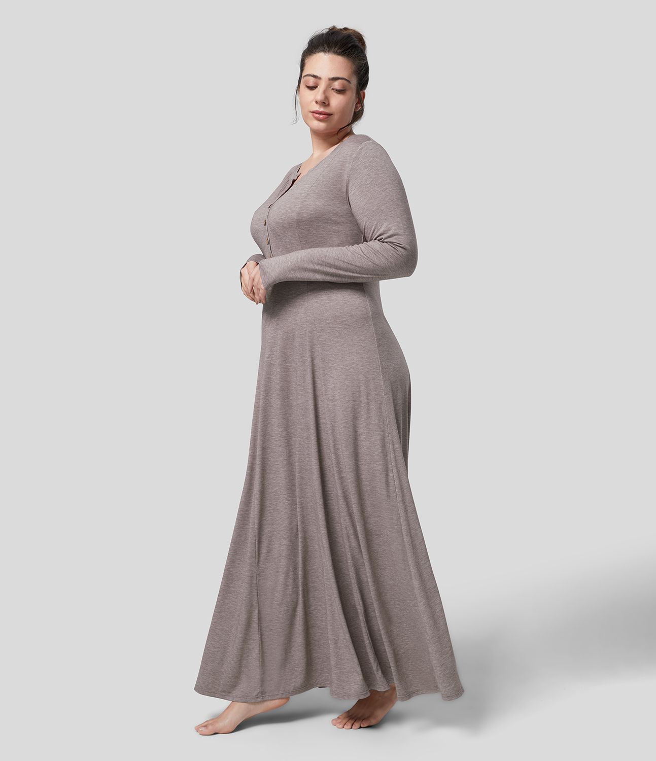 Round Neck Long Sleeve Flare Maxi Casual Plus Size Dress