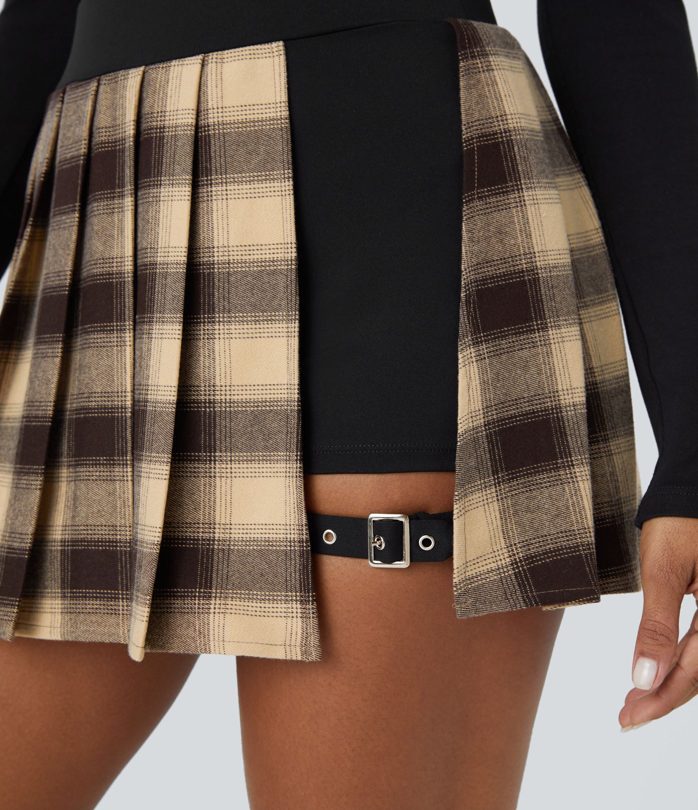 High waist pleated 2-in-1 with side pockets adjustable buckle checked micro-casual skirt