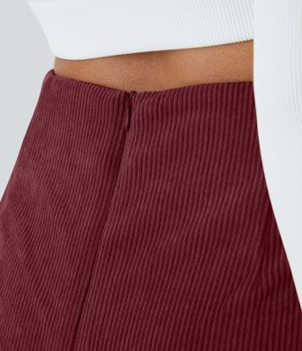 High Waisted Back Zipper Split Hem 2-in-1 Corduroy Casual Skirt
