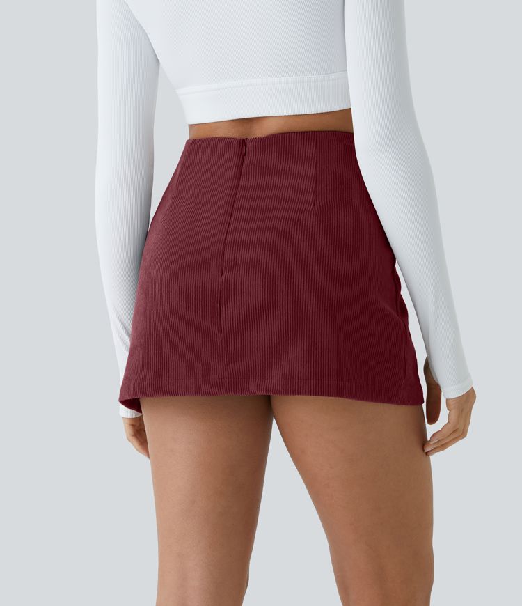 High Waisted Back Zipper Split Hem 2-in-1 Corduroy Casual Skirt