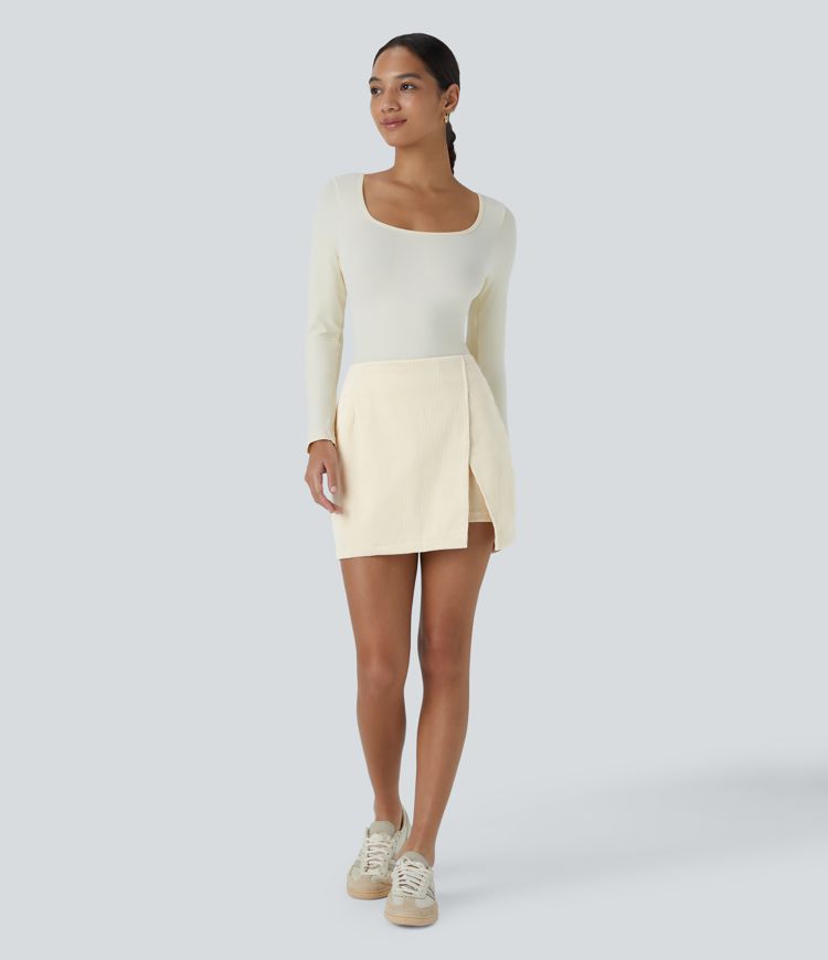 High Waisted Back Zipper Split Hem 2-in-1 Corduroy Casual Skirt