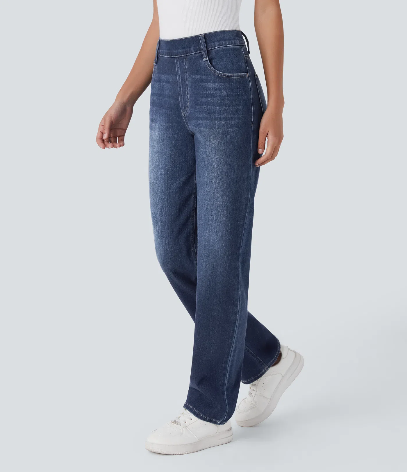  Halara Flex™ Gewaschene Slim Jeans aus elastischem Strick-Denim mit hohem Bund, mehreren Taschen und geradem Bein