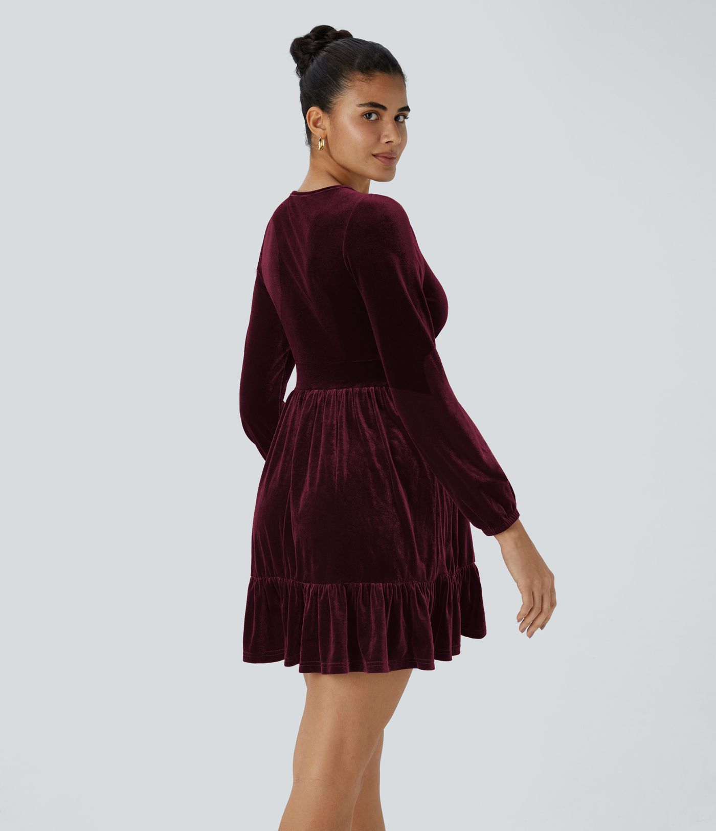 Everyday Deep V Neck Long Sleeve Ruffled Hem Velvet Mini Chill Dress