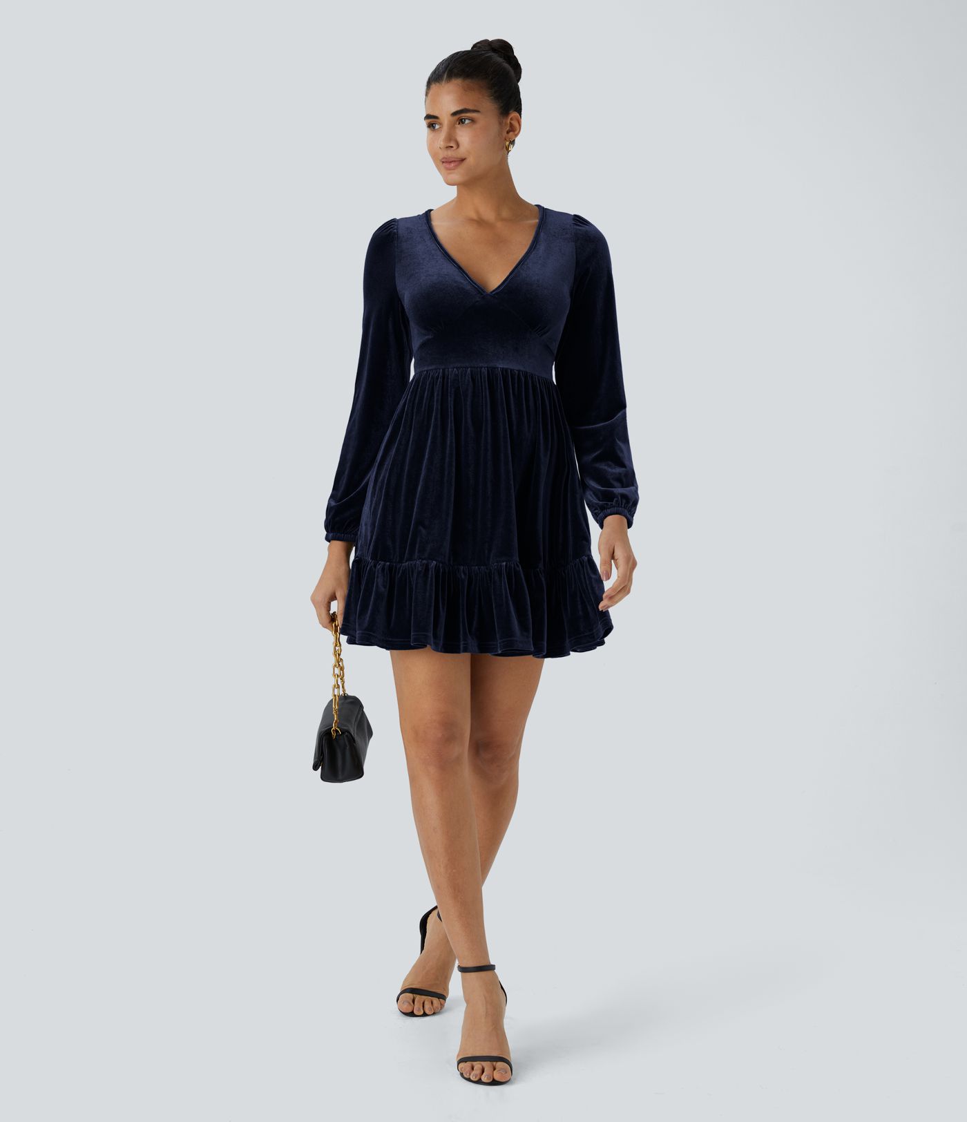 Everyday Deep V Neck Long Sleeve Ruffled Hem Velvet Mini Chill Dress