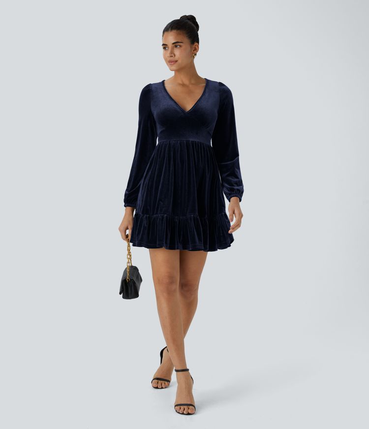 Everyday Deep V Neck Long Sleeve Ruffled Hem Velvet Mini Chill Dress