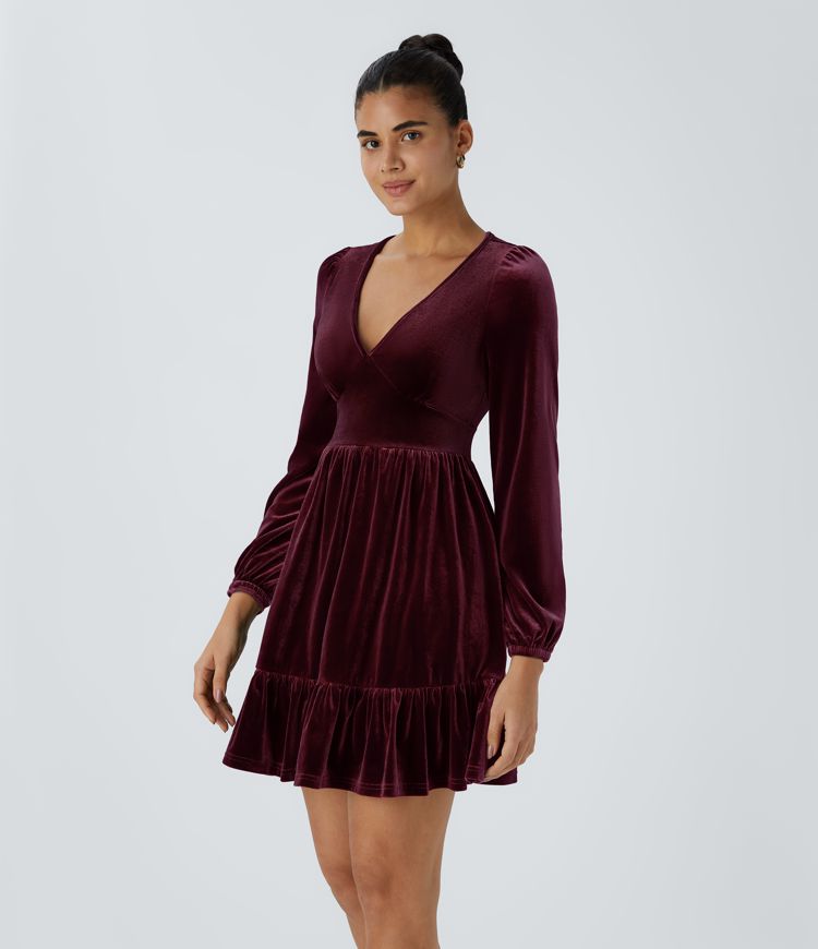 Everyday Deep V Neck Long Sleeve Ruffled Hem Velvet Mini Chill Party Dress
