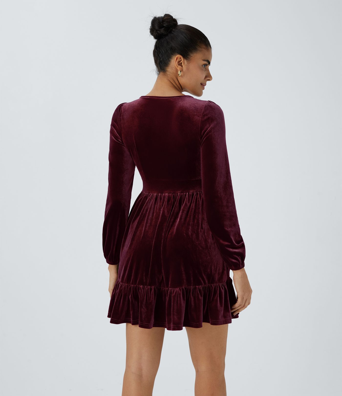 Everyday Deep V Neck Long Sleeve Ruffled Hem Velvet Mini Chill Dress
