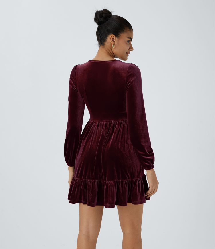 Everyday Deep V Neck Long Sleeve Ruffled Hem Velvet Mini Chill Party Dress