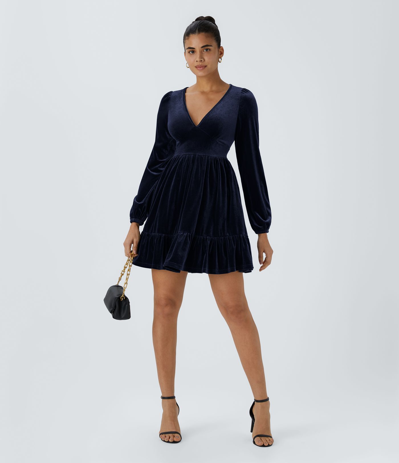 Everyday Deep V Neck Long Sleeve Ruffled Hem Velvet Mini Chill Dress