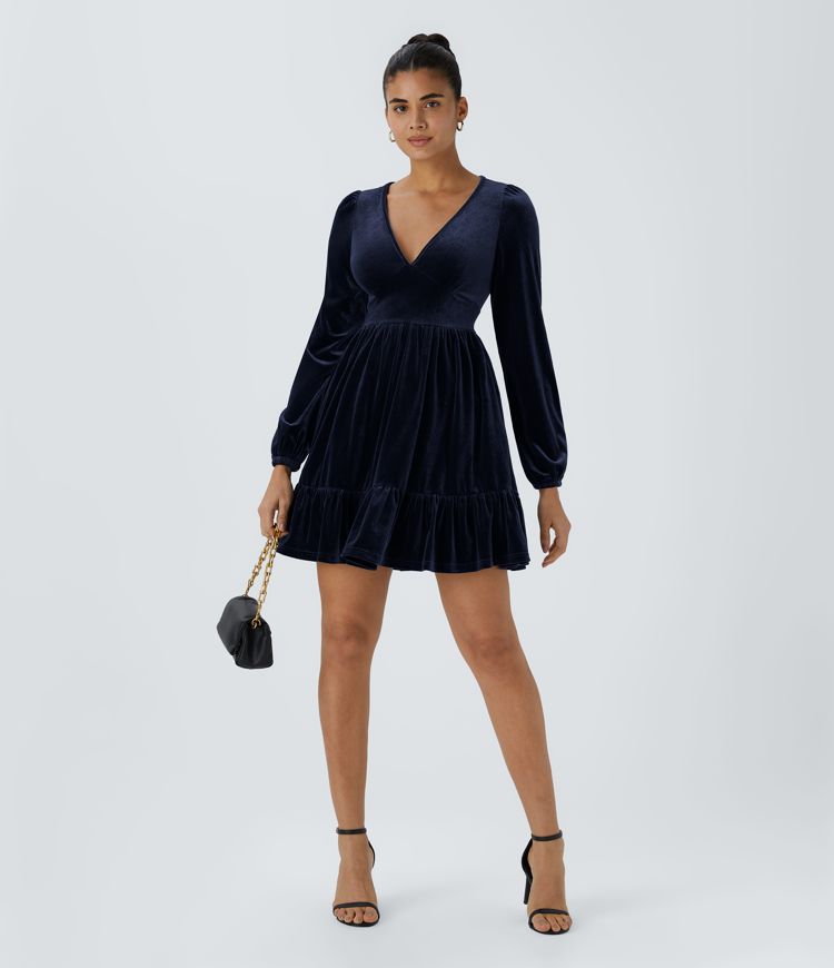 Everyday Deep V Neck Long Sleeve Ruffled Hem Velvet Mini Chill Dress