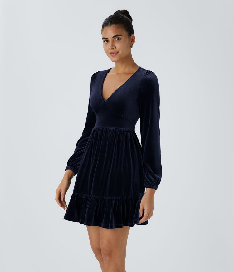 Everyday Deep V Neck Long Sleeve Ruffled Hem Velvet Mini Chill Dress