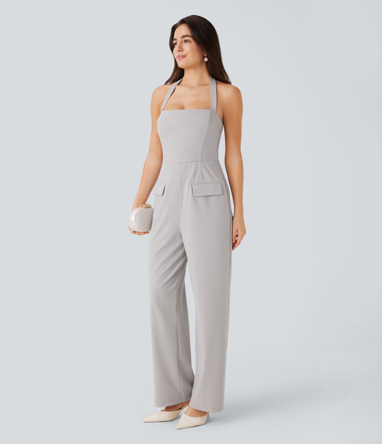 Halter Adjustable G-hook Backless Flap Pockets Bridesmaid and Wedding Guest Jumpsuit