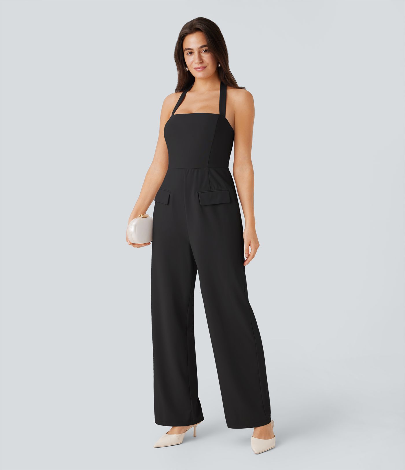 SculptKnit Halter Adjustable G-hook Flap Pockets Jumpsuit