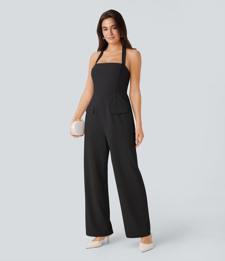 SculptKnit Halter Adjustable G-hook Flap Pockets Jumpsuit