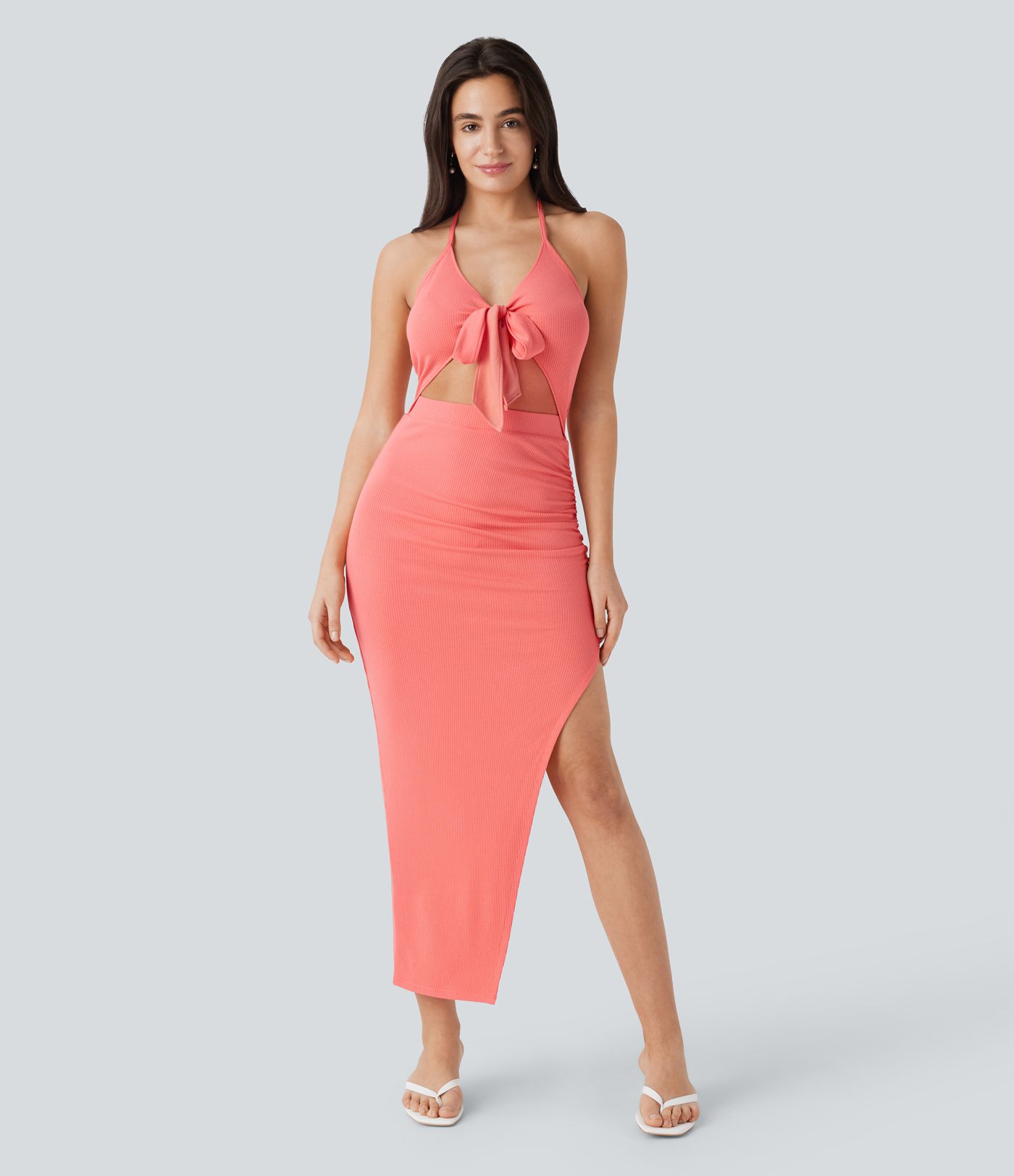 Ribbed Knit Halter Backless Tie Front Cut Out Ruched Split Maxi Resort Dress