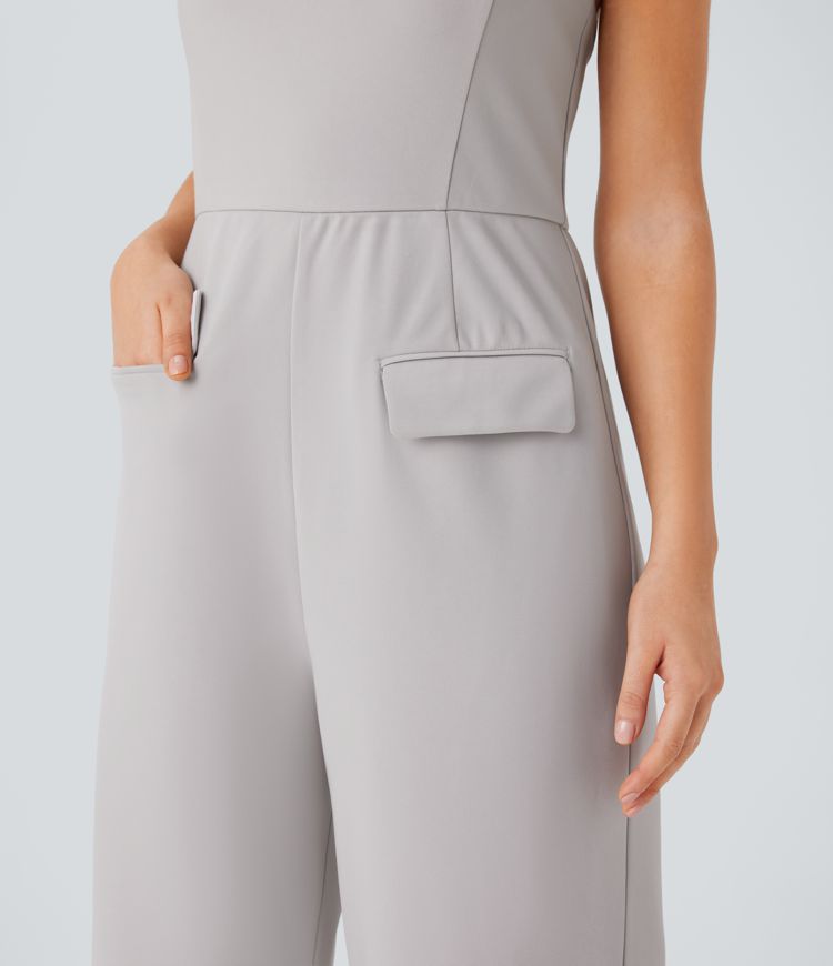 Halter Adjustable G-hook Backless Flap Pockets Bridesmaid and Wedding Guest Jumpsuit