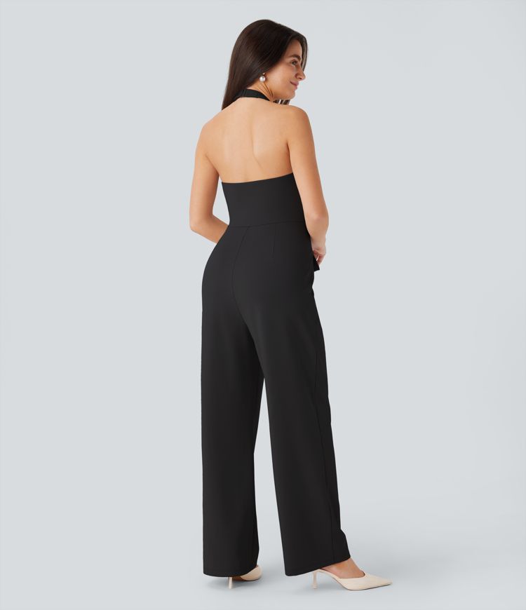 SculptKnit Halter Adjustable G-hook Flap Pockets Jumpsuit