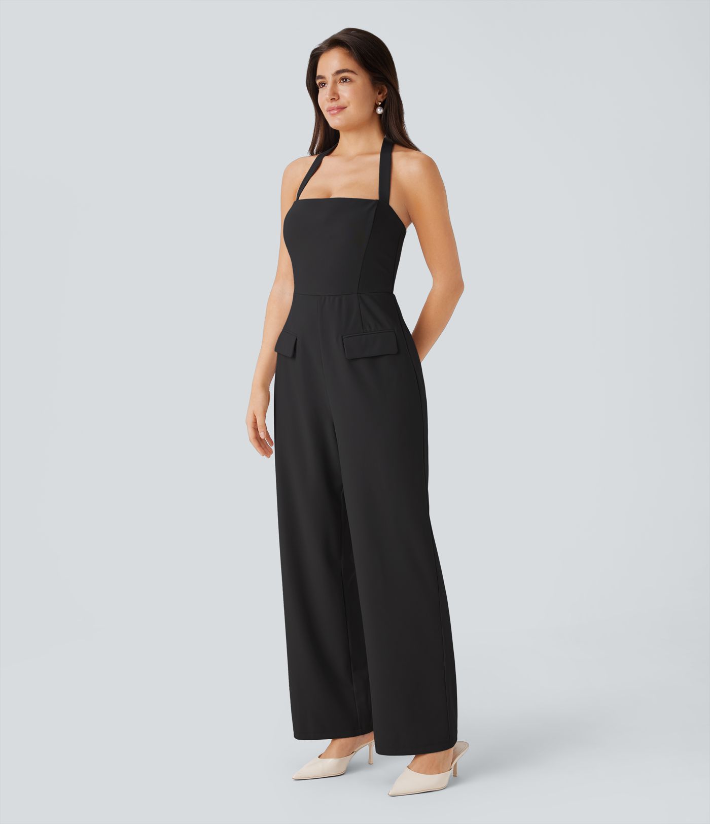 SculptKnit Halter Adjustable G-hook Flap Pockets Jumpsuit