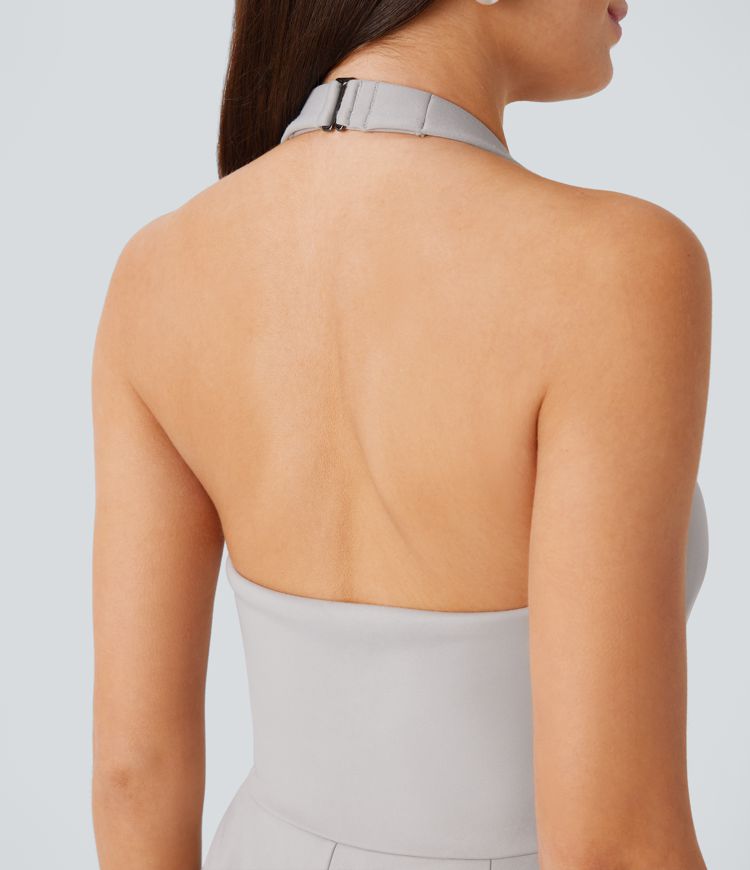 Halter Adjustable G-hook Backless Flap Pockets Bridesmaid and Wedding Guest Jumpsuit