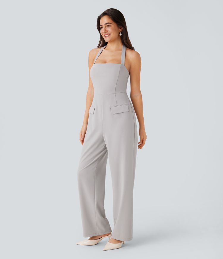 Halter Adjustable G-hook Backless Flap Pockets Bridesmaid and Wedding Guest Jumpsuit