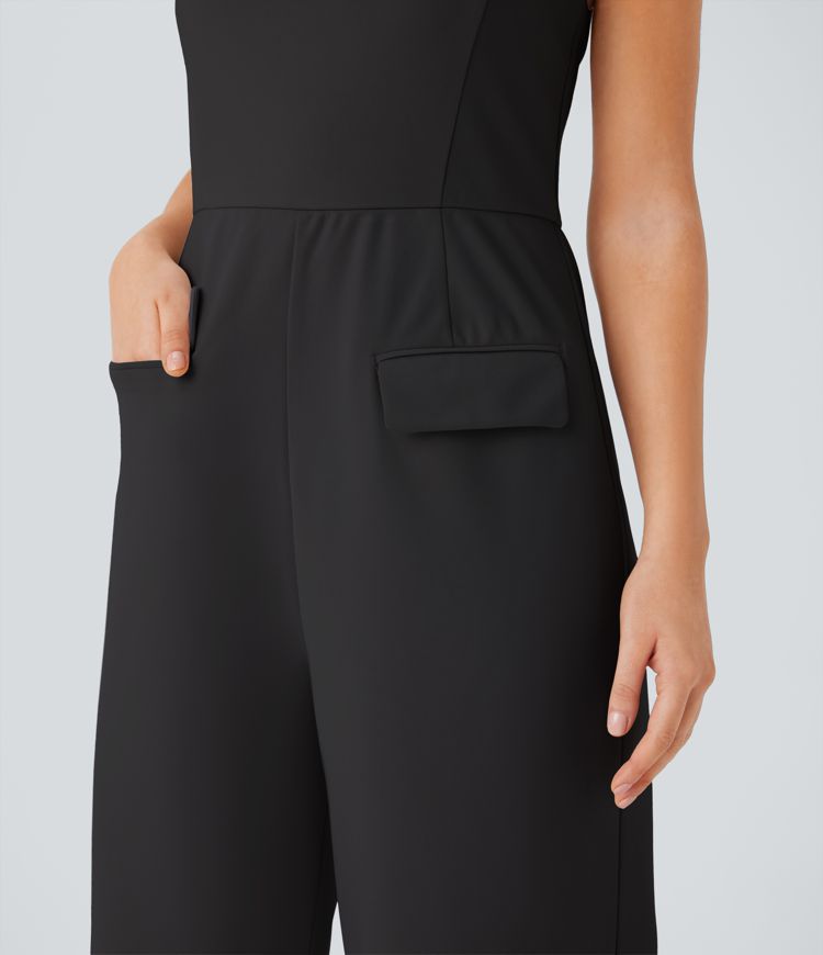 SculptKnit Halter Adjustable G-hook Flap Pockets Jumpsuit