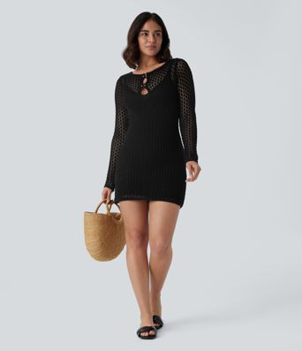 Rückenfreies, langärmliges, schmales Mini-Resort-Kleid aus Häkelstrick