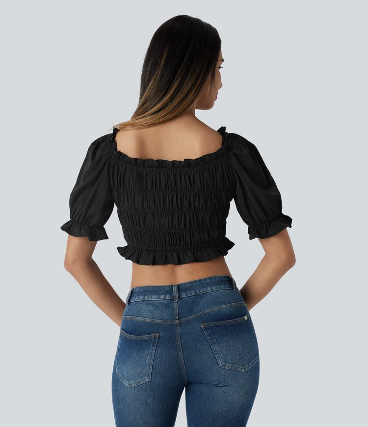 Blusa corta cuello U manga abullonada volante fruncido