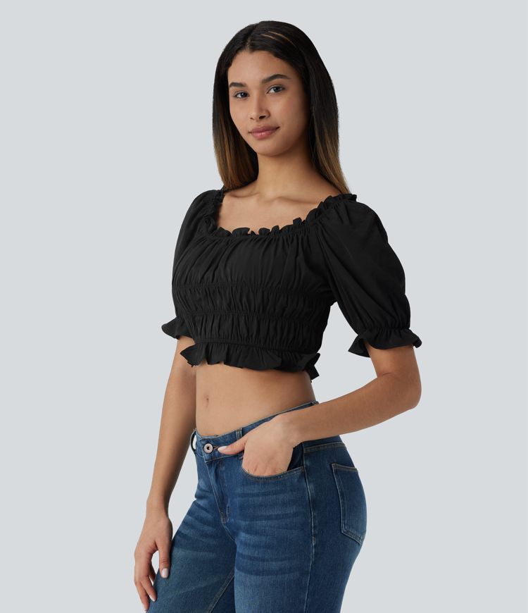 Blusa corta cuello U manga abullonada volante fruncido