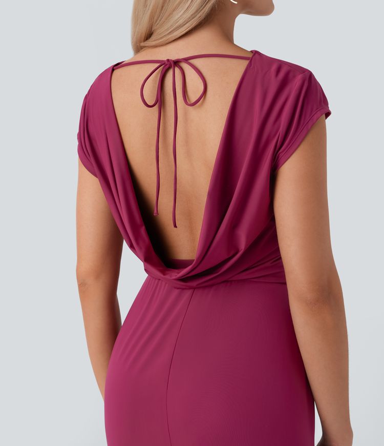 Tie Back Cowl Neck Cap Sleeve Maxi Dress