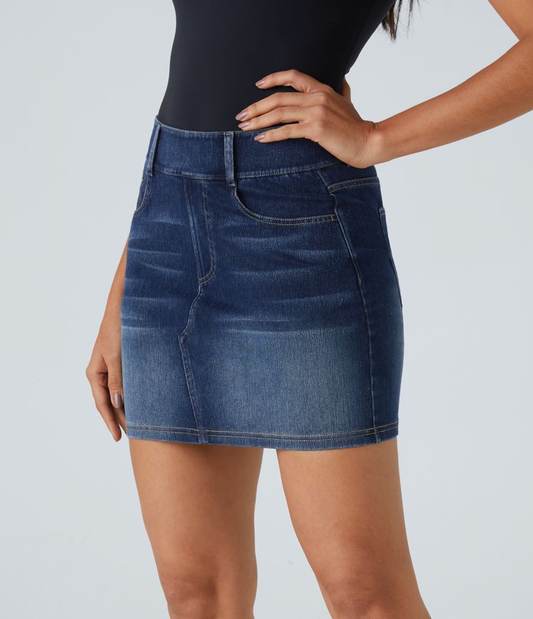 Halara Flex™ High Waisted Pockets Bodycon Mini Washed Denim Casual Skirt