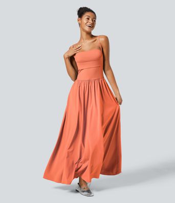 Breezeful™ Robe Débardeur Casual Dos Nu Poches Latérales Plissée Évasée Longue Séchage Rapide