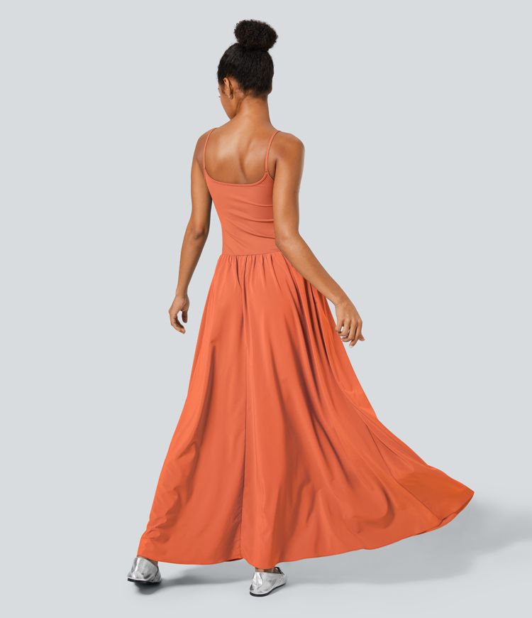 Breezeful™ Robe Débardeur Casual Dos Nu Poches Latérales Plissée Évasée Longue Séchage Rapide